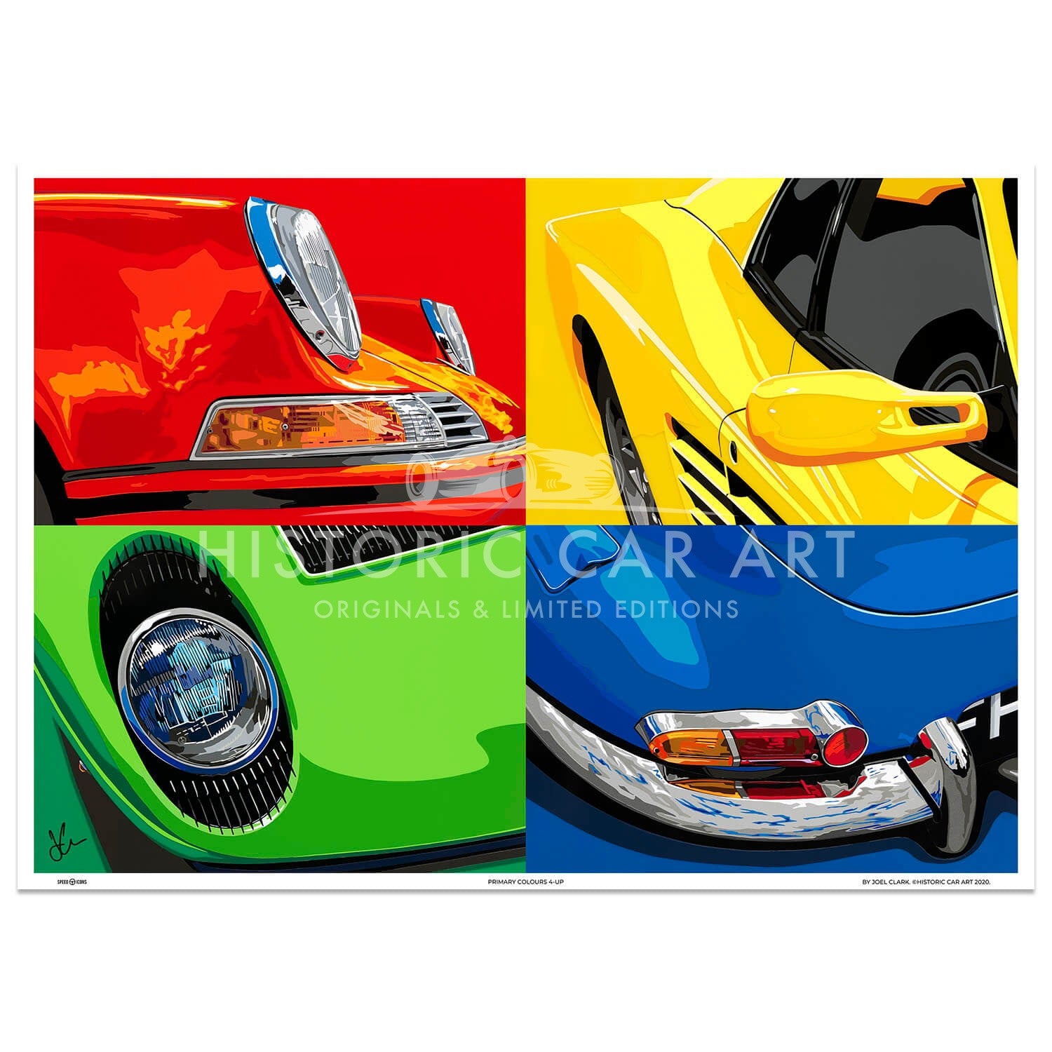 SPEED ICONS: Primary Colours 4-up | Porsche Ferrari Lamborghini Jaguar | Art Print