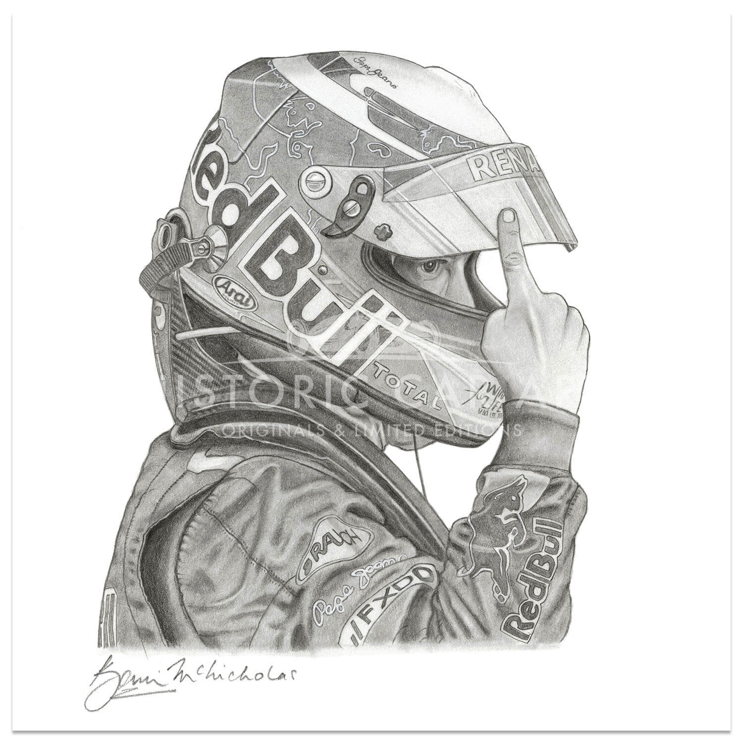 Vettel Drawing Kevin McNicholas -Sebastian | Sebastian Vettel | Red Bull | Art Print ...